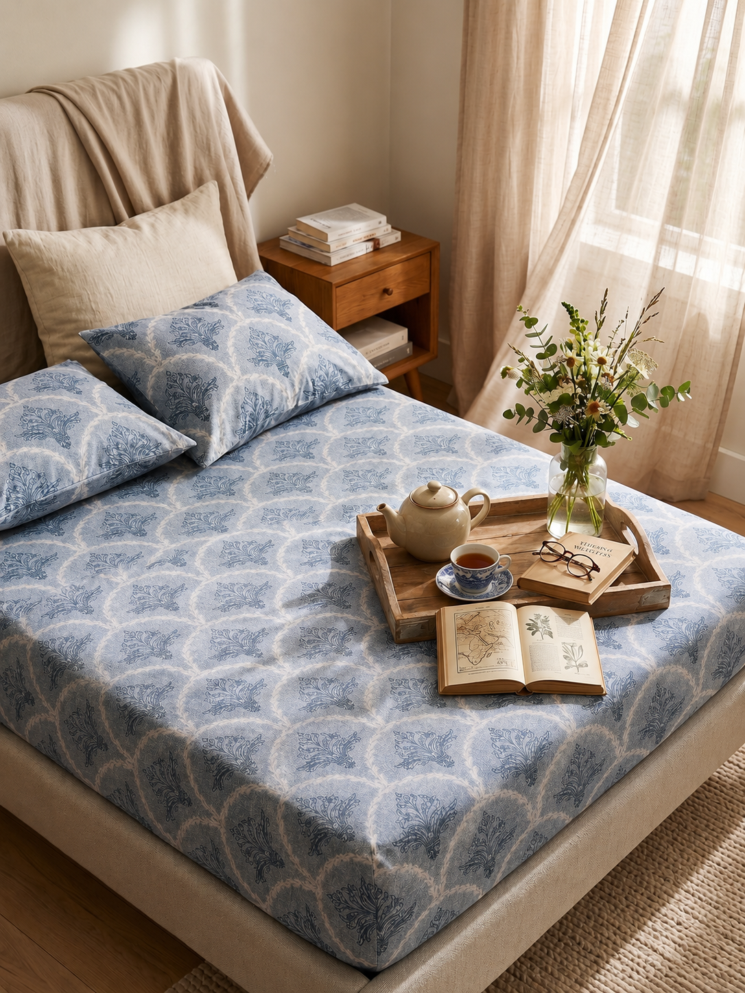 Blue Petals Pure Cotton 220TC 3Pcs King Size Bedsheet Set