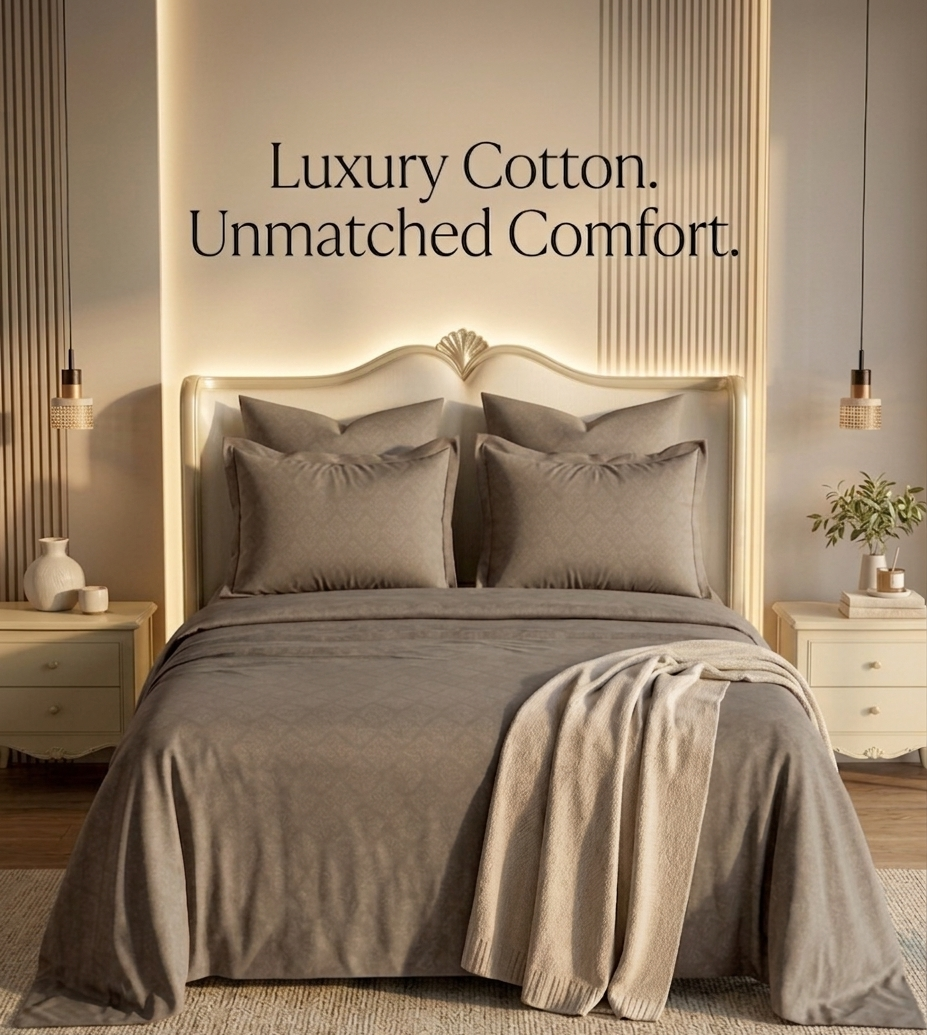 Bed with gray bedding and pillows in a bedroom setting, featuring text about luxury cotton and comfort.