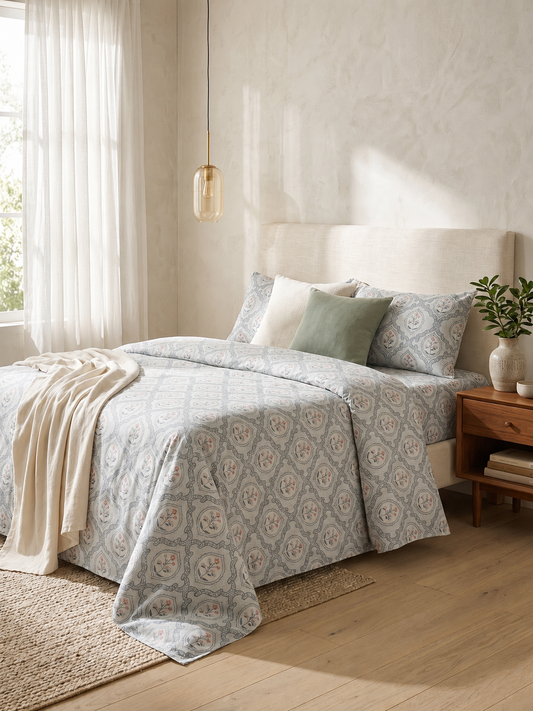 Blue Botanica Lattice Pure Cotton 220TC 3Pcs King Size Bedsheet Set