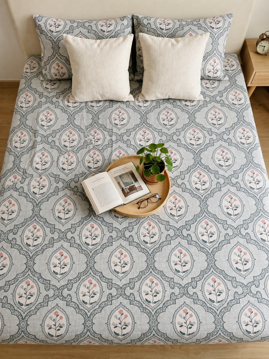 Blue Botanica Lattice Pure Cotton 220TC 3Pcs King Size Bedsheet Set