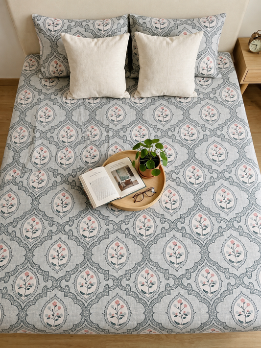 Blue Botanica Lattice Pure Cotton 220TC 3Pcs King Size Bedsheet Set