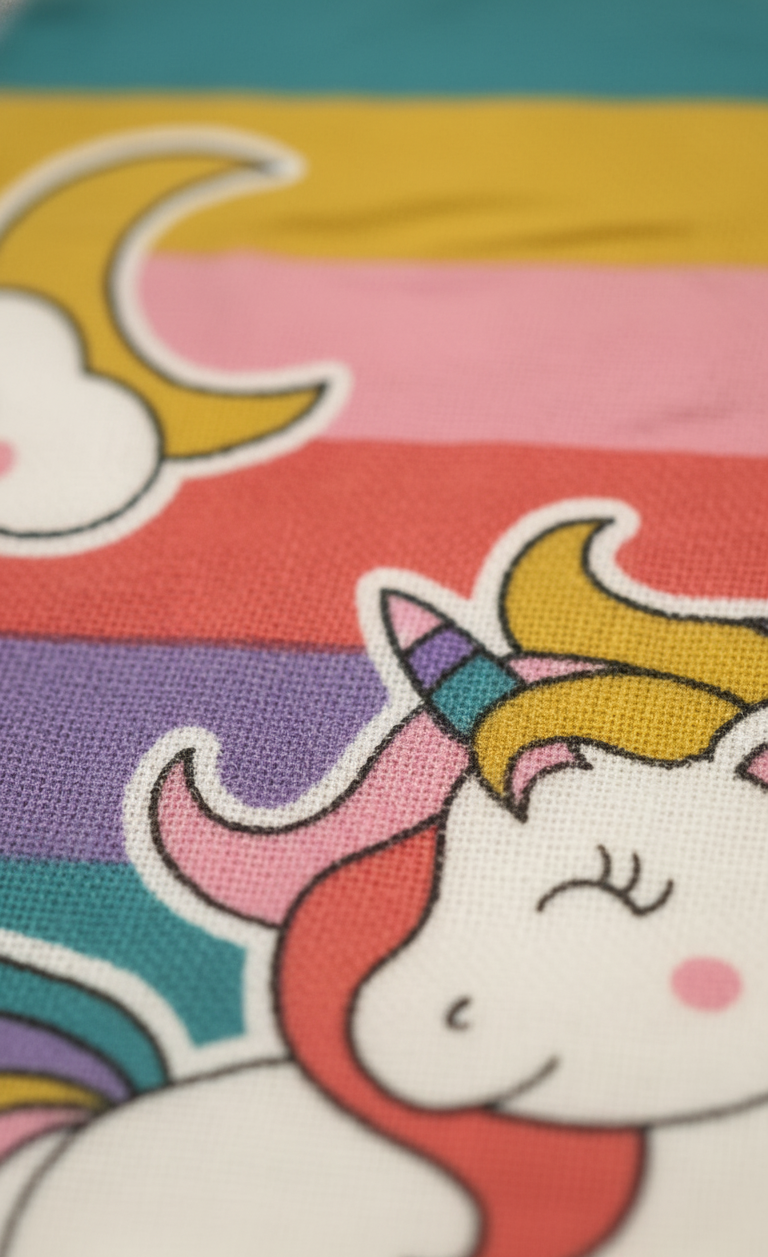 Cartoon unicorn with rainbow hair on a colorful background