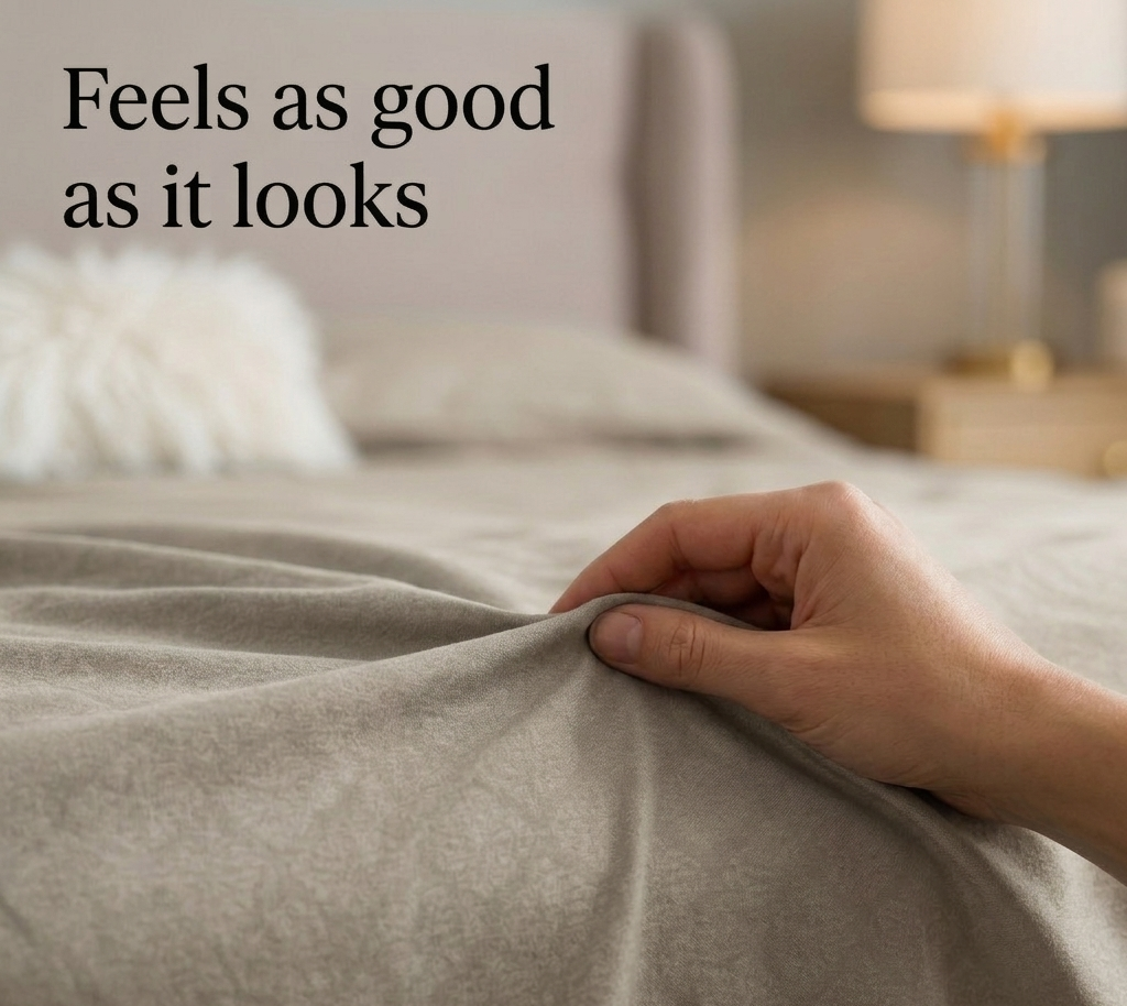 Hand touching soft bedding with 'Feels as good as it looks' text and 'Shop Now' call to action.