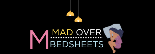 Logo for 'Mad Over Bedsheets' with a stylized illustration of a woman and text on a black background.