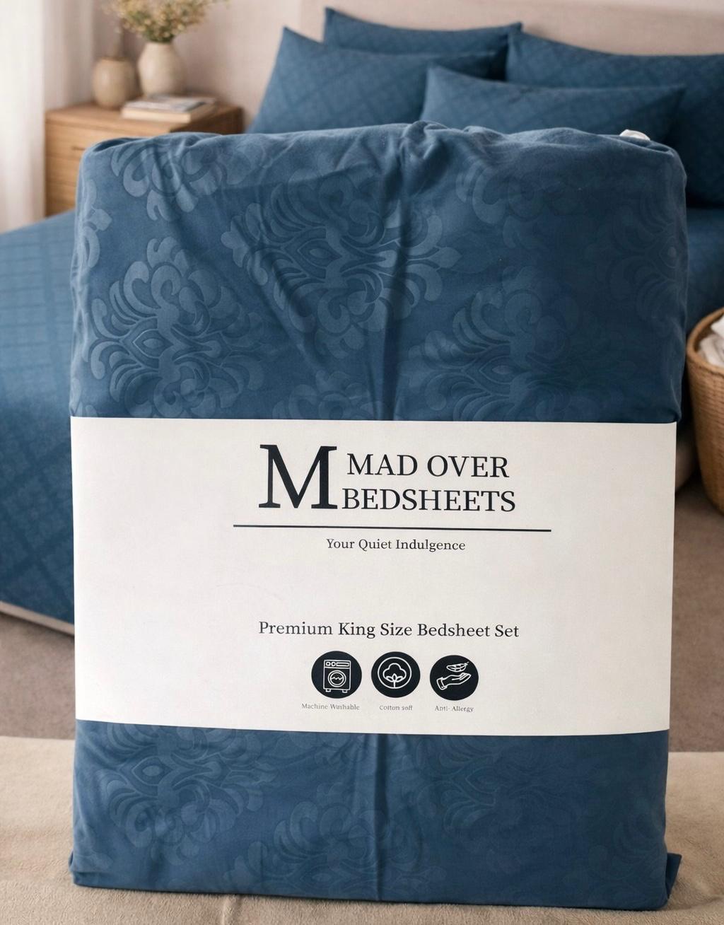 Blue patterned bedsheets with a 'Mad Over Bedsheets' label on a bed.