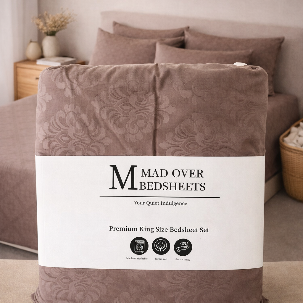 Packaged brown bedsheet set with 'Mad Over Bedsheets' label in a bedroom setting