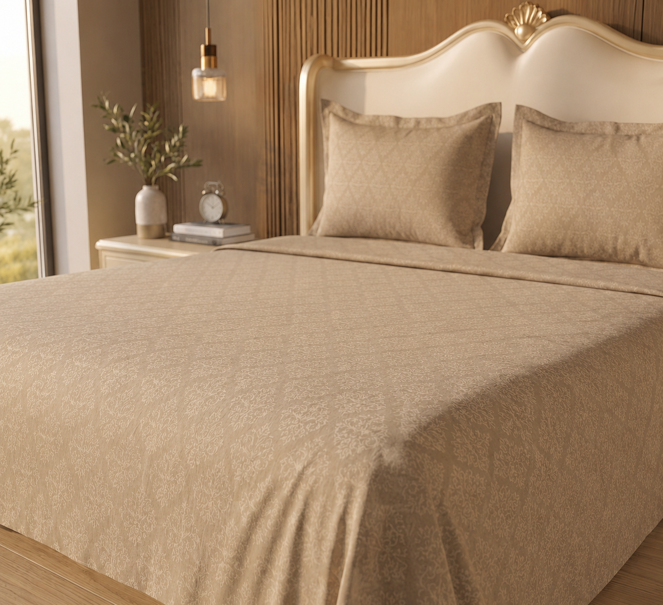 Olive Damask 160 TC 3Pcs King Size Bedsheet Set