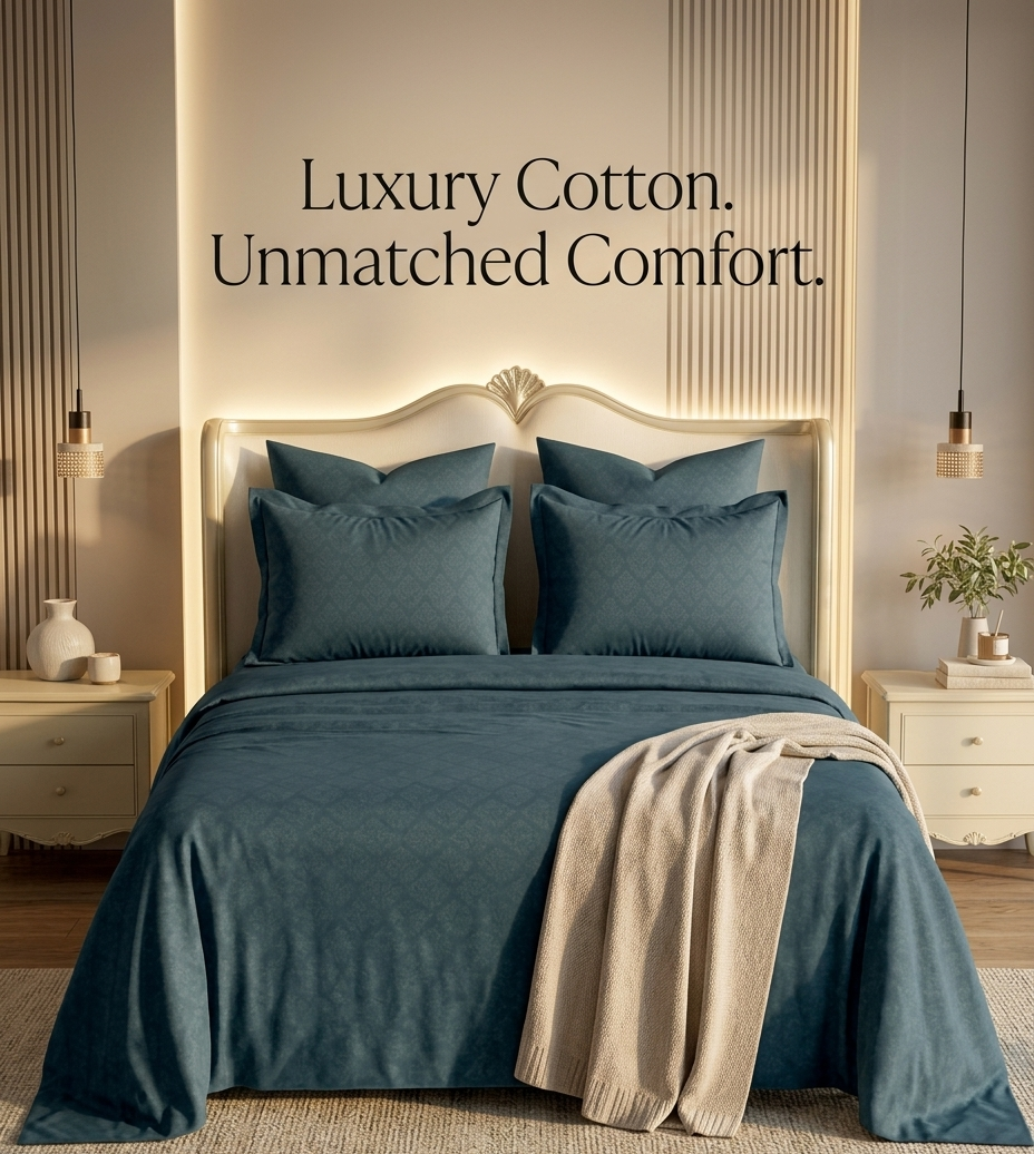 Teal bedding set on a bed with 'Luxury Cotton. Unmatched Comfort.' text above.