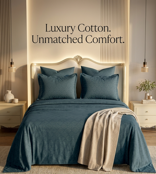 Teal bedding set on a bed with 'Luxury Cotton. Unmatched Comfort.' text above.