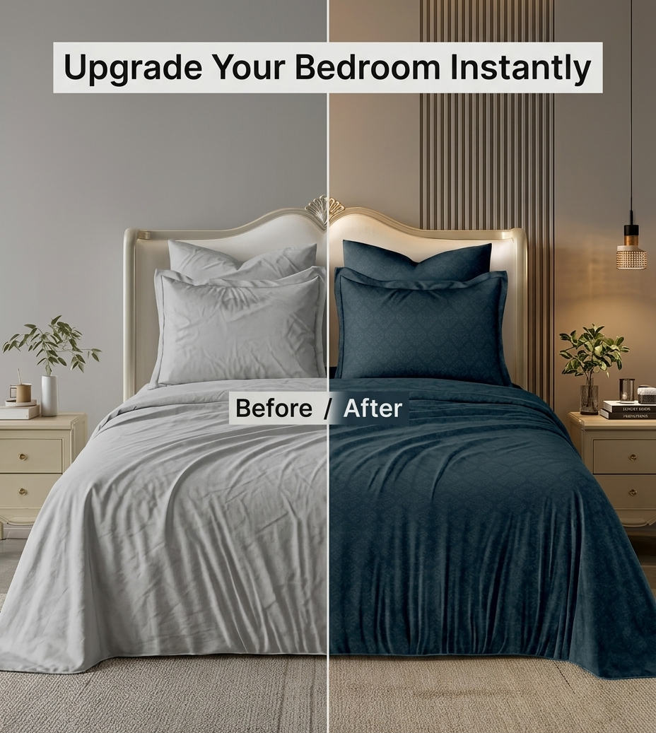 Bedroom transformation with gray bedding before and blue bedding after, with text 'Upgrade Your Bedroom Instantly'.