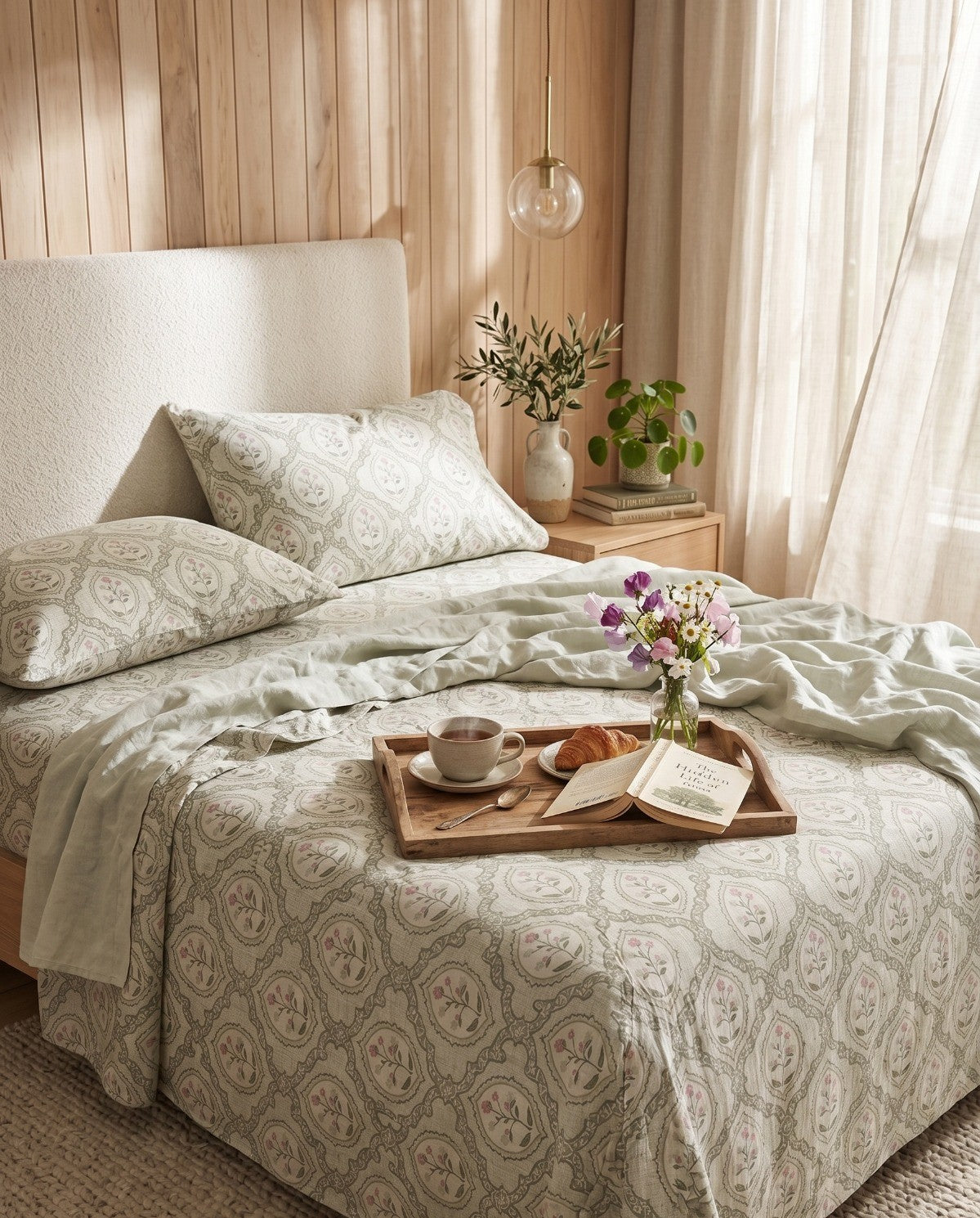 Sage Botanica Lattice Pure Cotton 220TC 3Pcs King Size Bedsheet Set