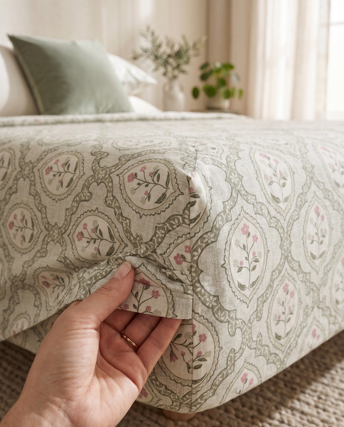 Sage Botanica Lattice Pure Cotton 220TC 3Pcs King Size Bedsheet Set