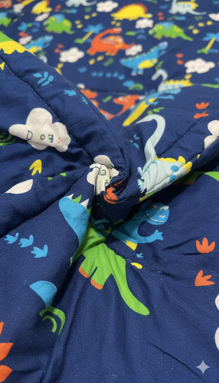 Close-up of a blue fabric with colorful cartoon patterns including dinosaurs and clouds.