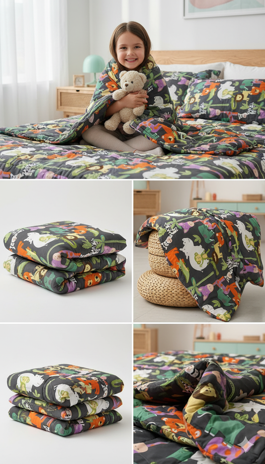 Child sitting on a bed with a floral-patterned comforter, surrounded by images of the comforter in different settings.