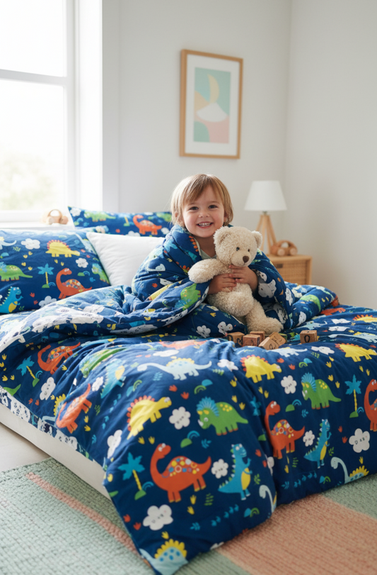 Child with teddy bear on a bed with dinosaur-themed bedding in a bright room.