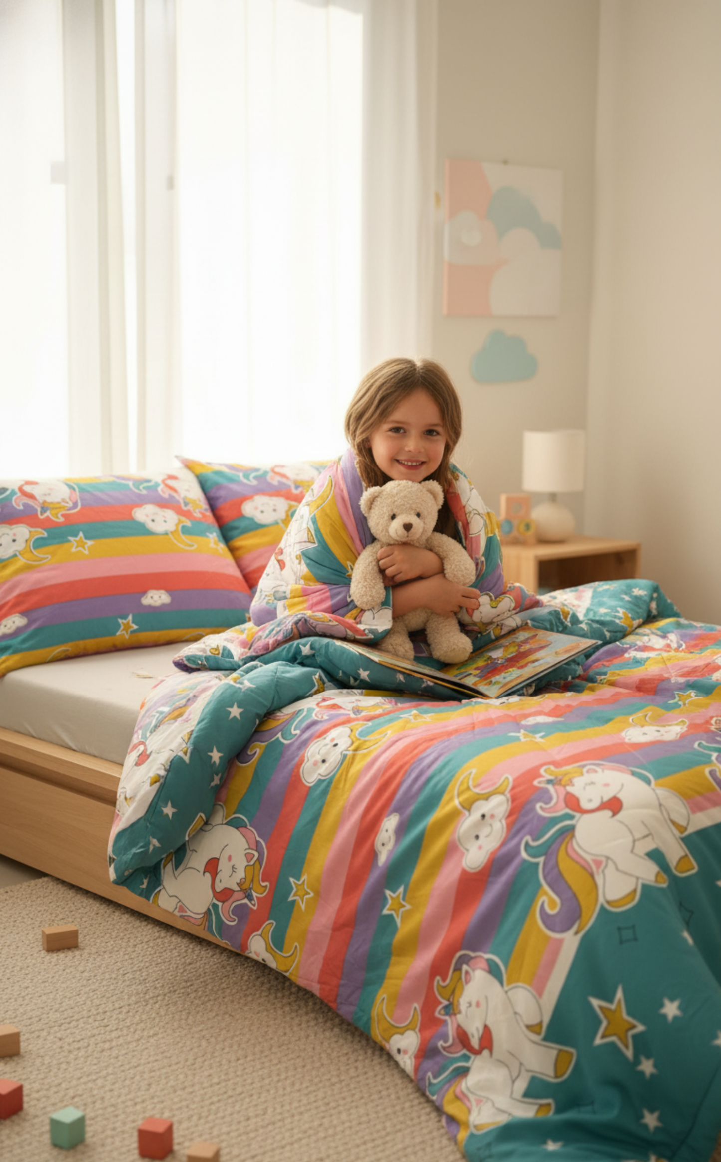 Child sitting on a bed with colorful bedding and holding a teddy bear in a bright room.
