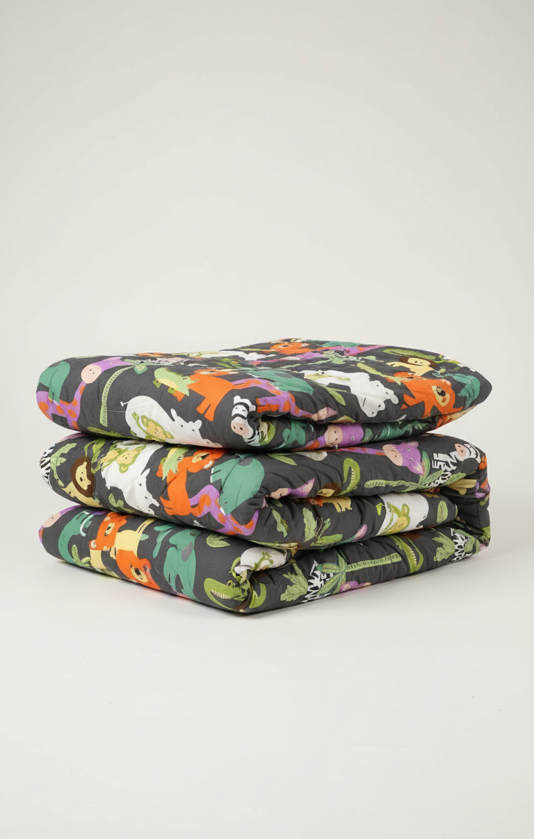 Stack of colorful folded blankets with animal patterns on a white background