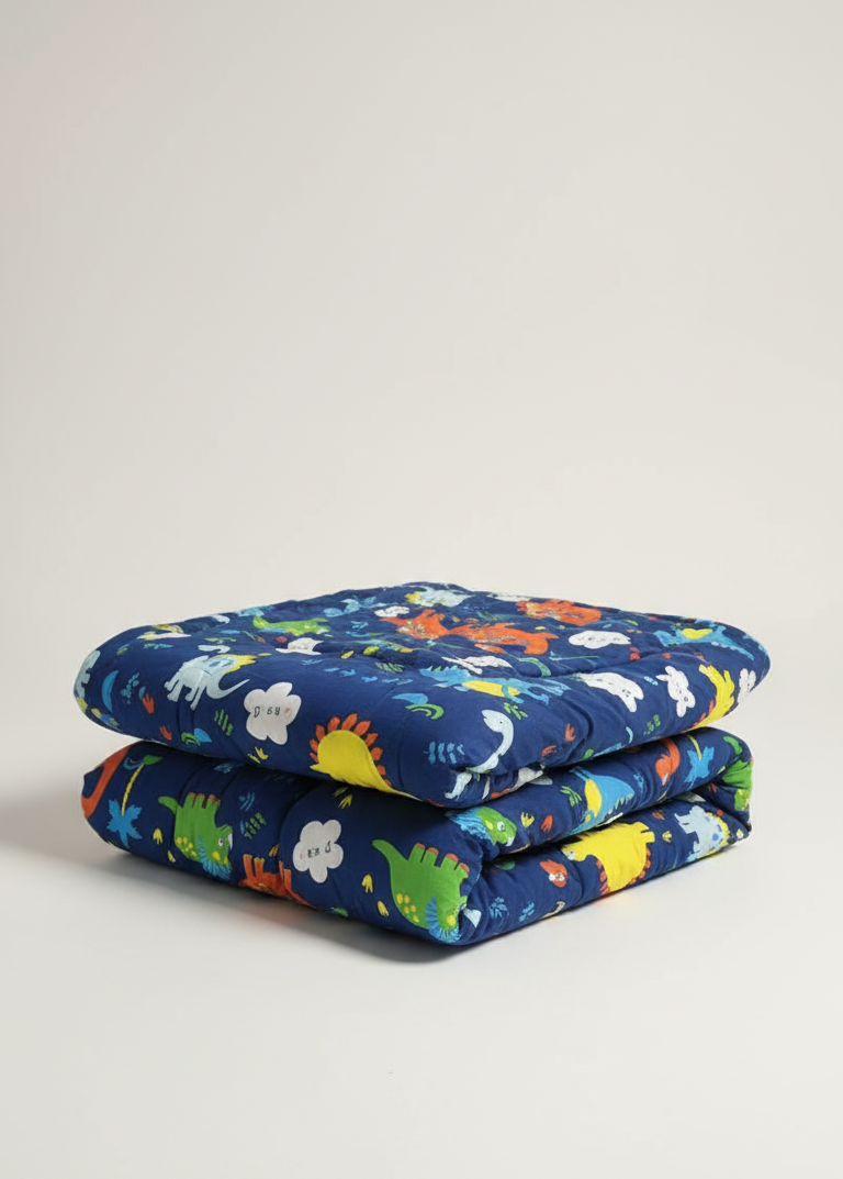Folded children's blanket with colorful dinosaur pattern on a light gray background