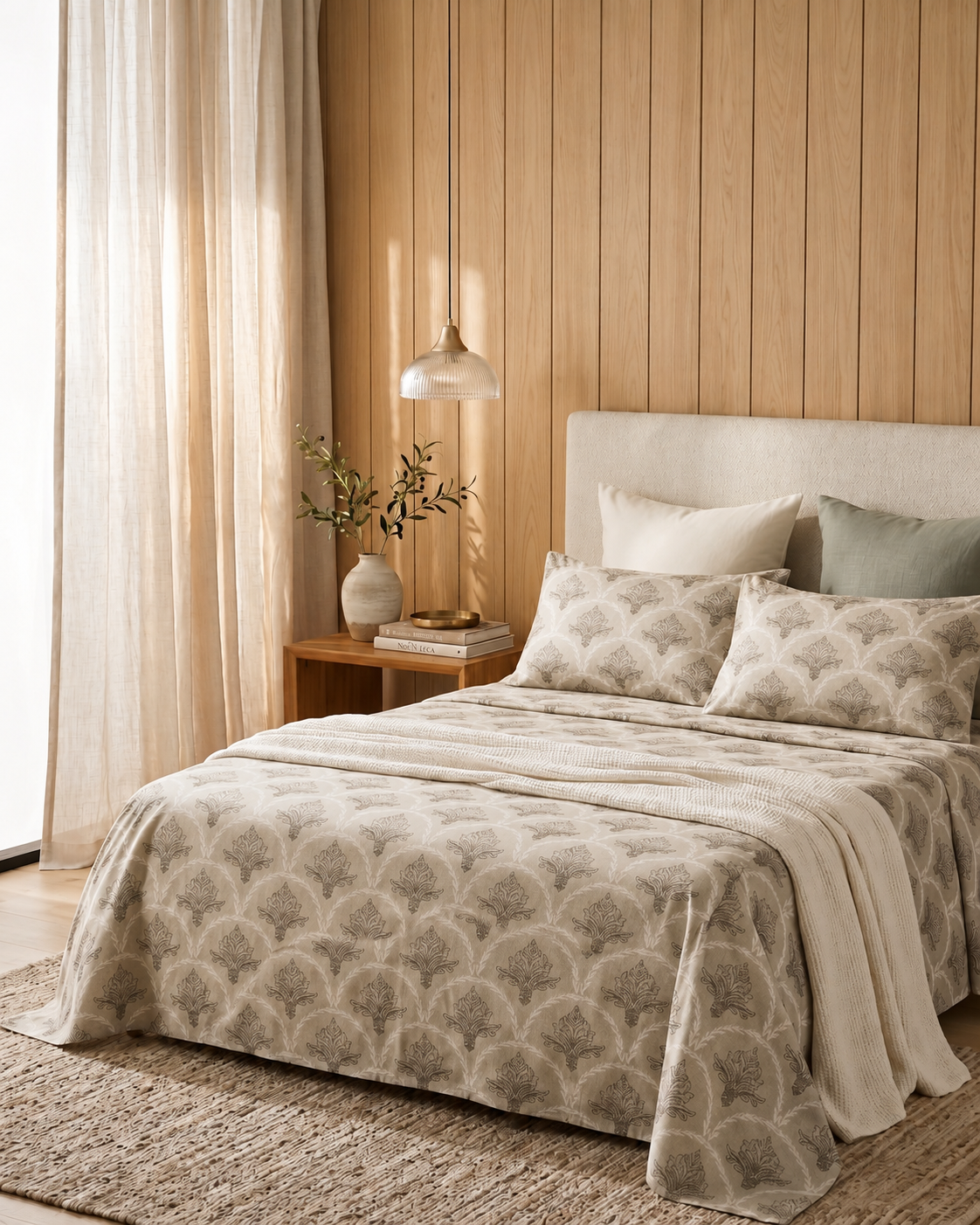 Neatly made bed with patterned bedding in a bedroom with wooden walls and a side table.
