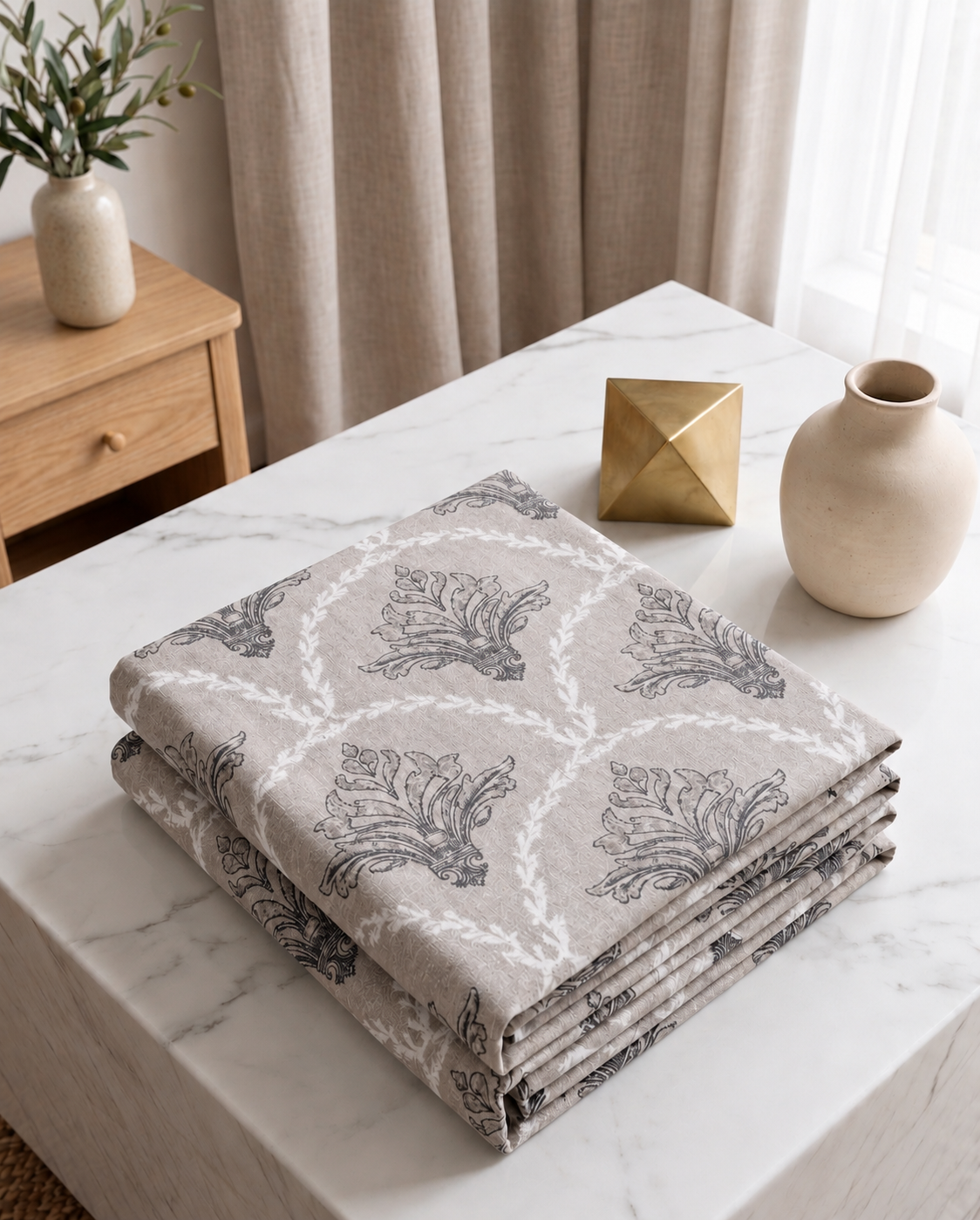 Folded patterned bedsheet on a marble surface with decorative vases and a plant.