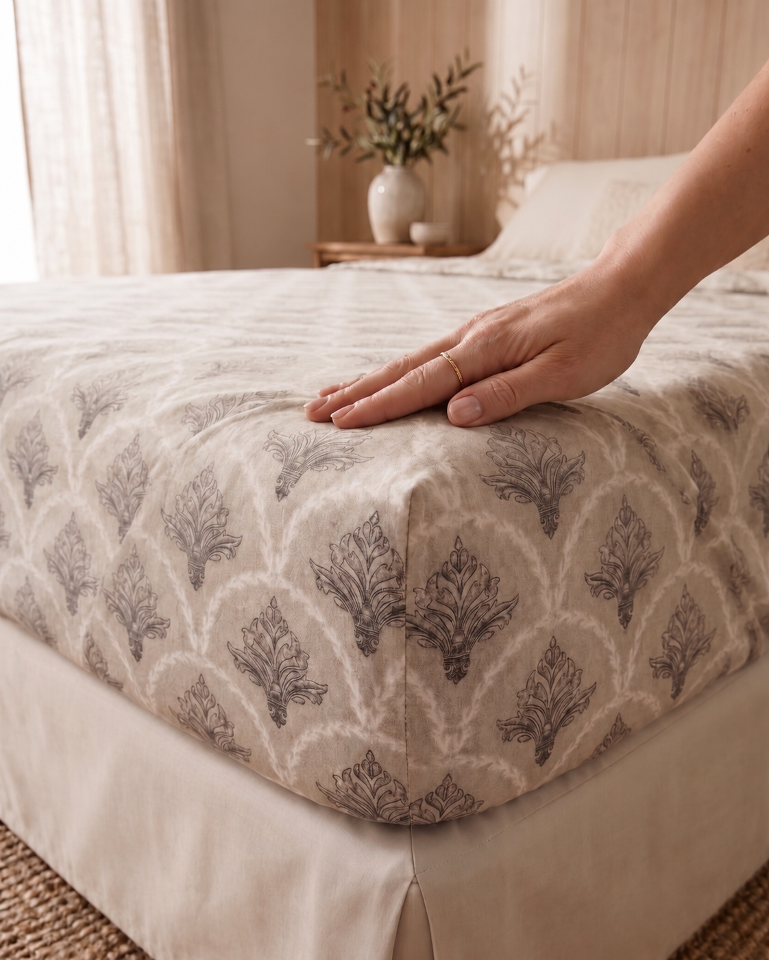Grey-Taupe Petals Pure Cotton 220TC 3Pcs King Size Bedsheet Set