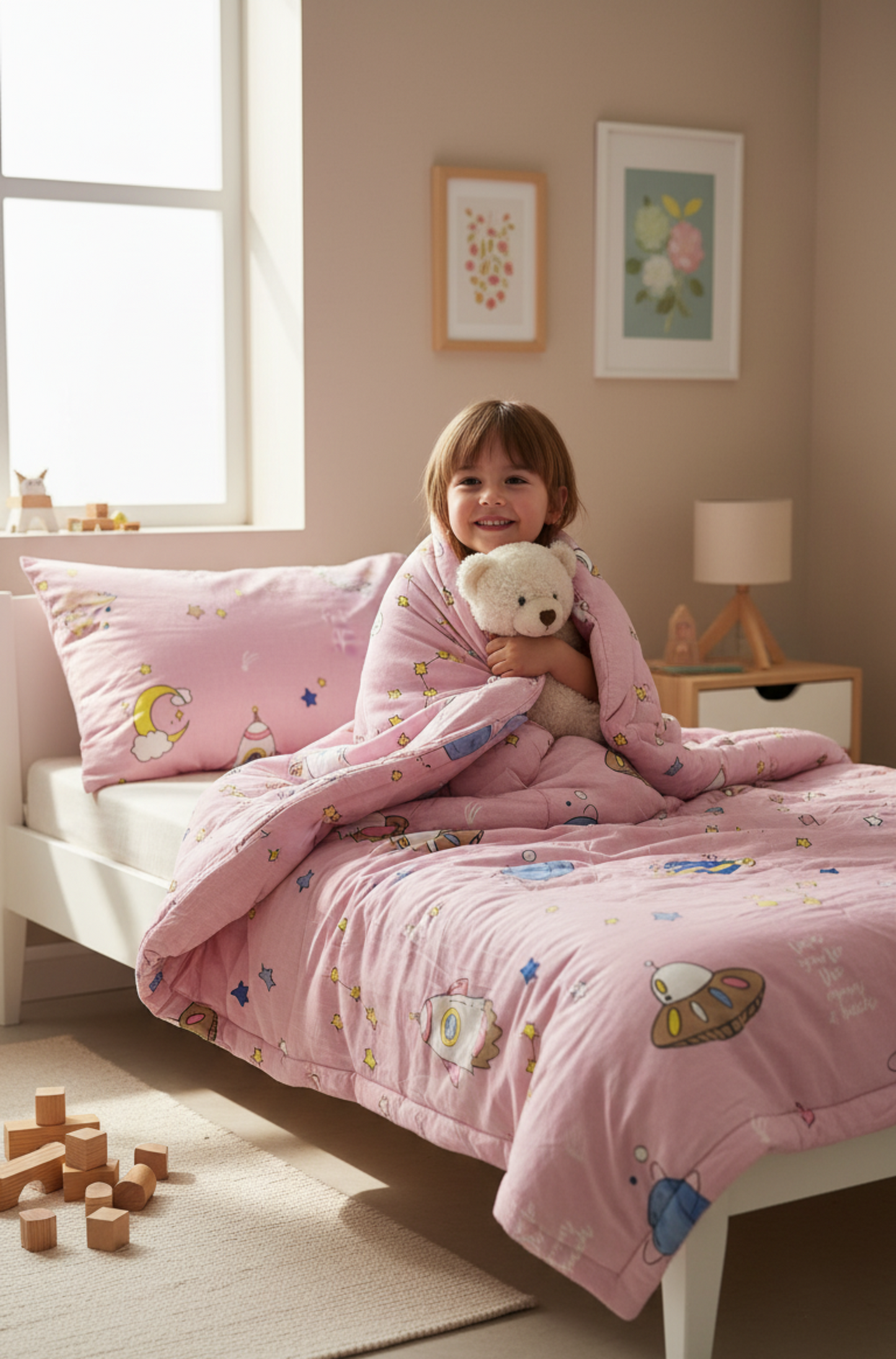 Child in a bedroom with pink bedding and teddy bear, surrounded by toys.