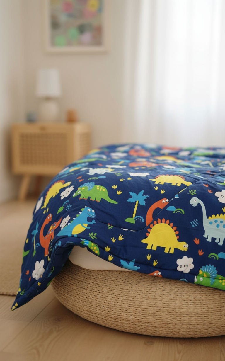 Children's quilt with dinosaur pattern on a bed in a room.