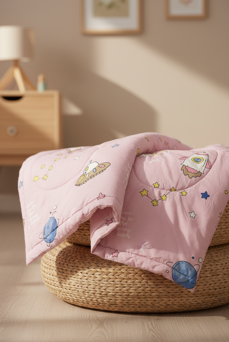 Pink quilt with space-themed design on a woven basket in a room setting.
