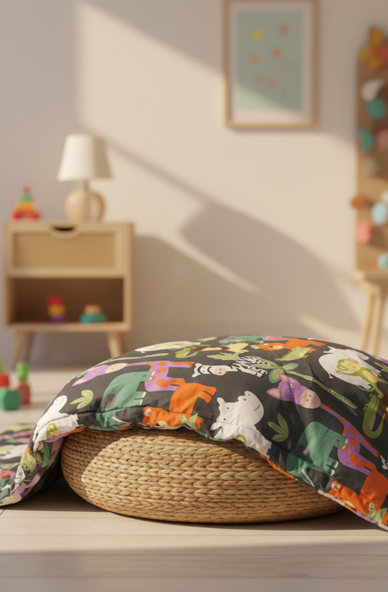 Floral-patterned cushion on a woven ottoman in a room with toys and furniture.