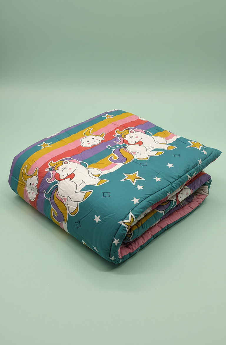 Folded fabric with cartoon characters and rainbow on a light green background